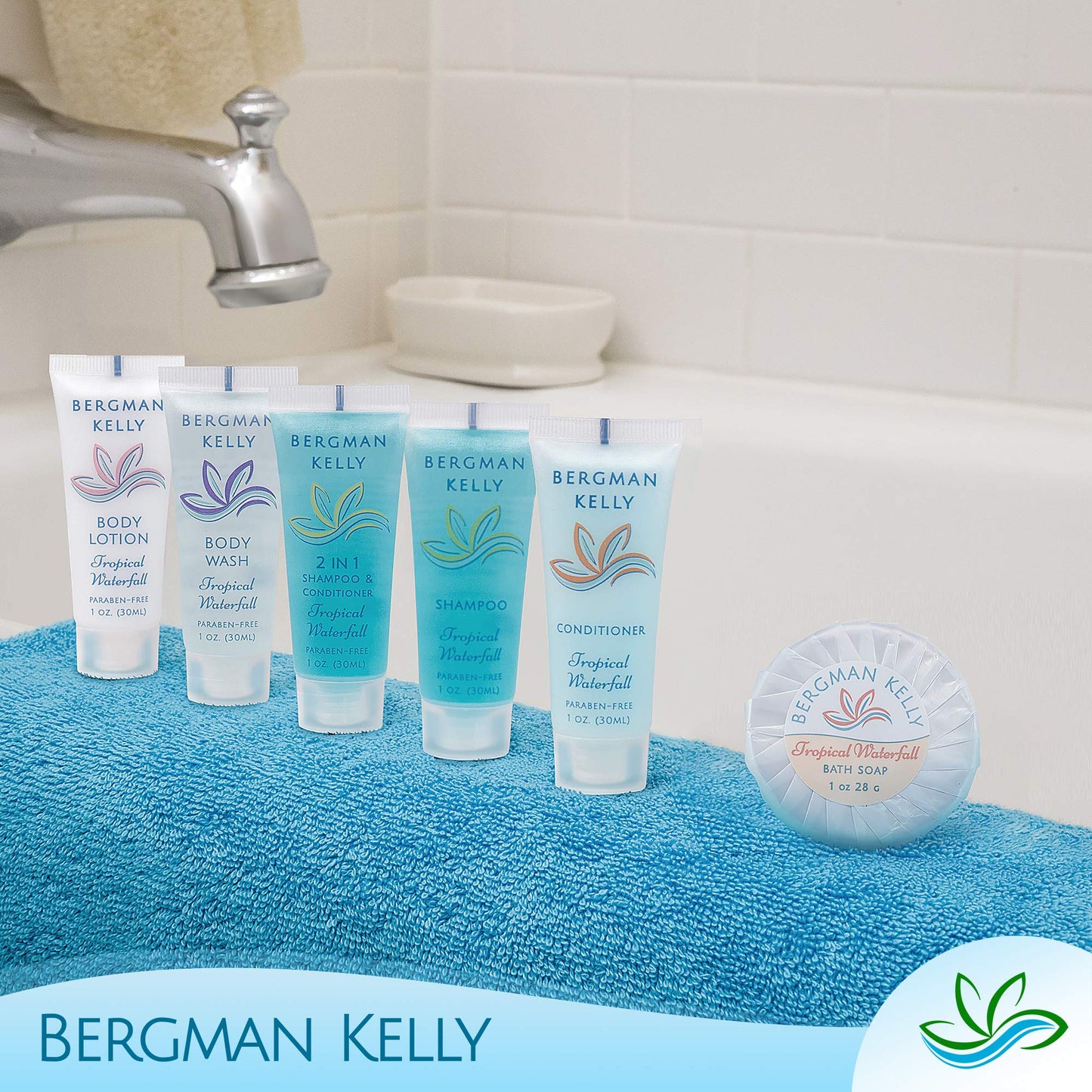 BERGMAN KELLY Hotel Toiletries Bundle (Tropical Waterfall, 1 oz each, 100 Pieces) 4-Piece Set: 25 Round Bar Soap, 25 Shampoo, 25 Conditioner & 25 Body Lotion - Bulk Mini Guest Amenities Supply