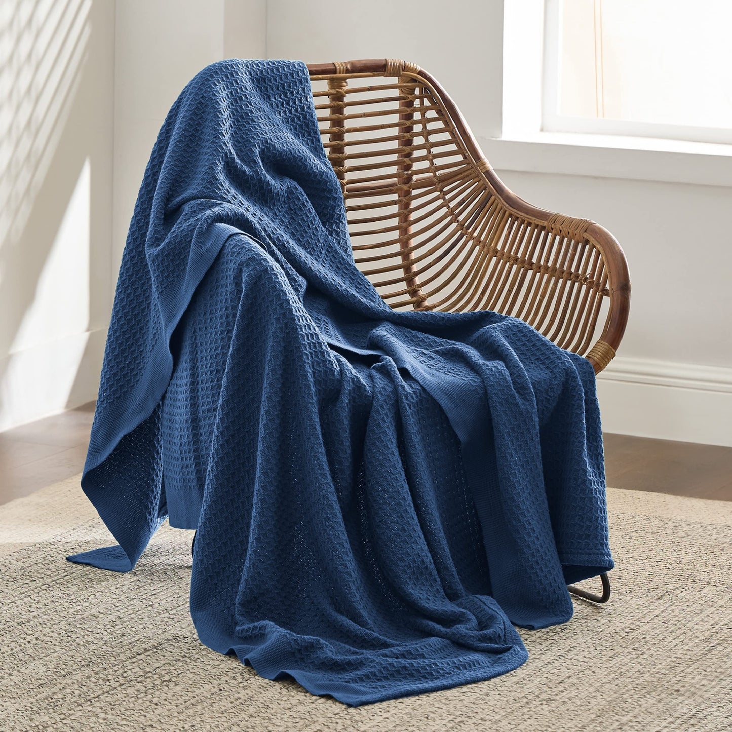 Bedsure 100% Cotton Large Throw Blankets for Couch - Waffle Weave Navy Throw Blankets for Bed, Lightweight and Soft Spring Throw Blankets for Office, 50x70 inches