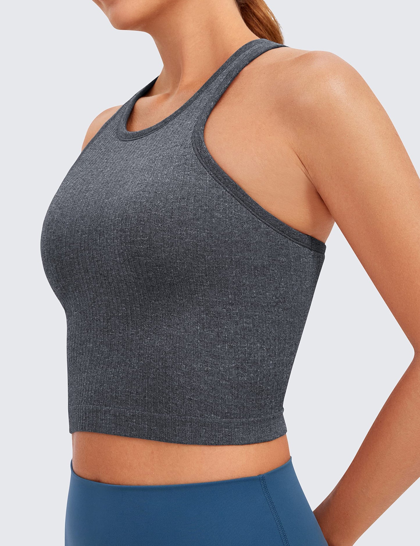 CRZ YOGA Womens Seamless Ribbed Longline High Neck Sports Bra - Racerback Padded Slim Fit Crop Tank Top with Built in Bra Light Gray Heather XX-Small