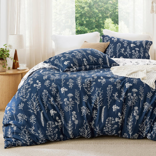 Bedsure Twin/Twin XL Comforter Set Dorm Bedding - Navy Comforter, Floral Twin/Twin Extra Long Bedding Comforter Set, 2 Pieces, 1 Reversible Botanical Flowers Comforter and 1 Pillow Sham