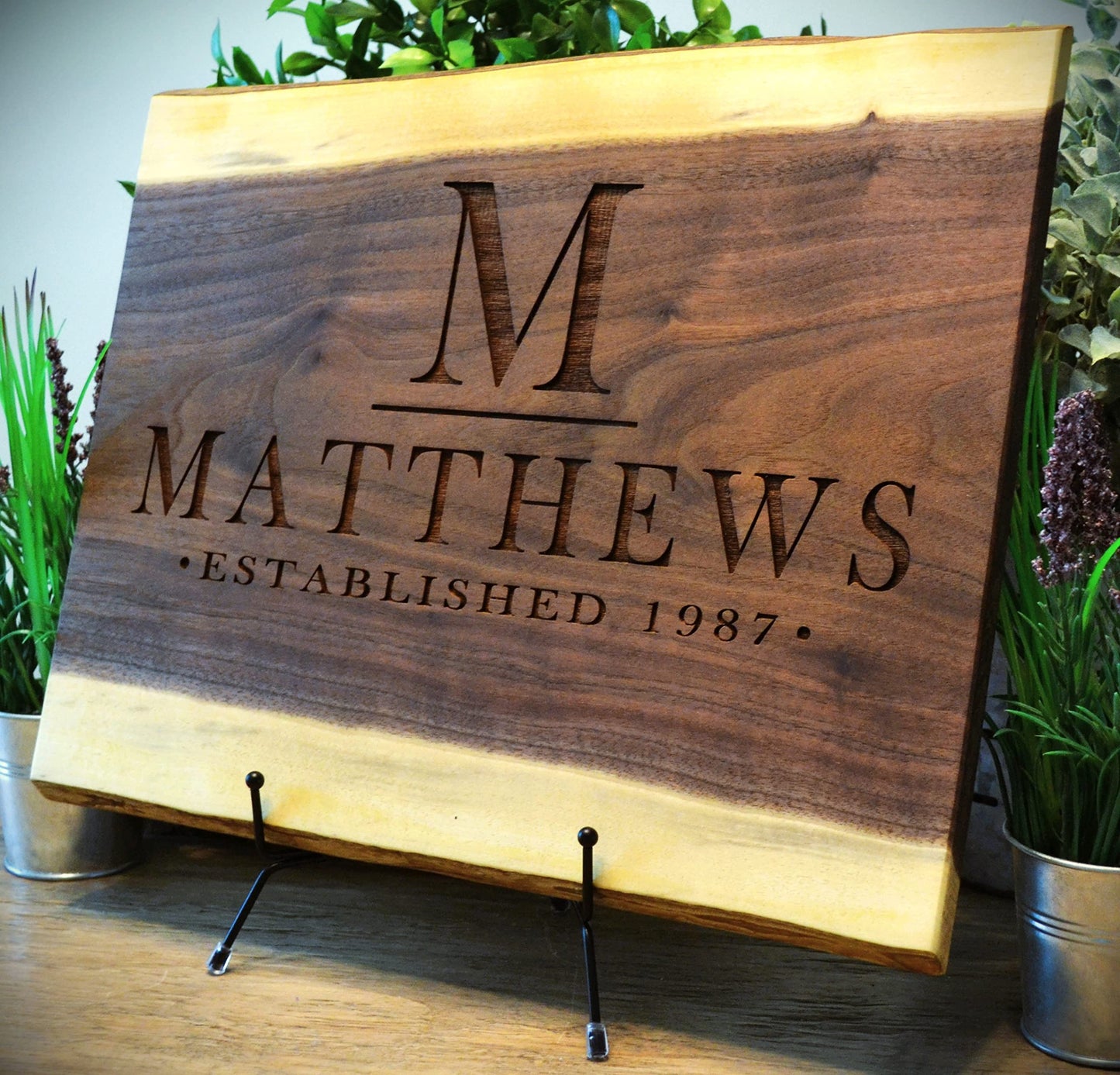 Personalized Cutting Board Wedding Gift Walnut Live Edge Artisan Rustic Display Unique Custom Engraved Anniversary Bride Groom Newlywed Couple Parents Housewarming Christmas (Classic Monogram Initial)