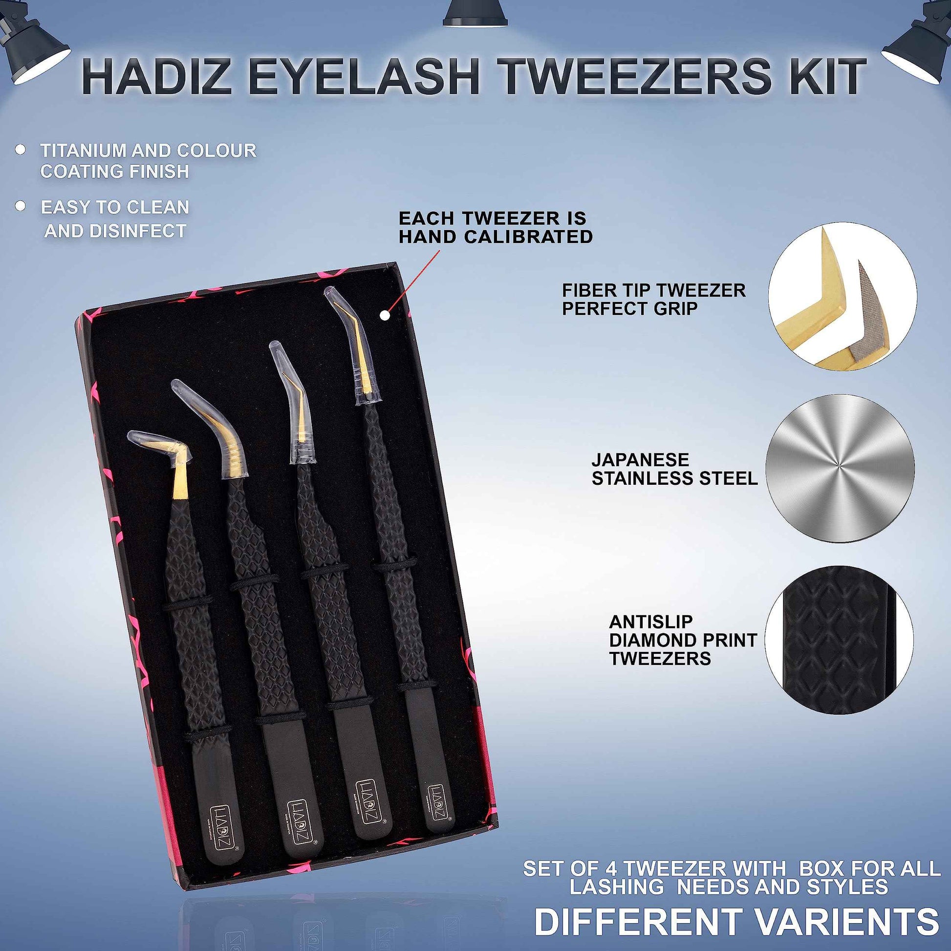 HADIZ Set of 4 Fiber Tip Diamond Grip Eyelash Extensions Tweezers Japanese Stainless Steel Lash Tweezer(Black)