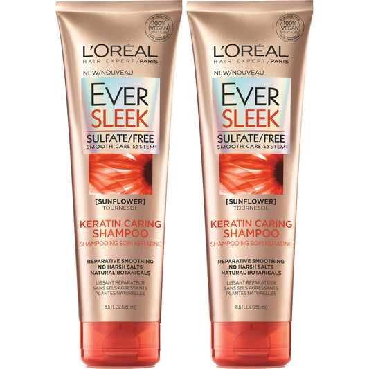 L'Oreal Paris Hair Care EverSleek Keratin Caring Shampoo, with Sunflower Oil, 2 Count (8.5 Fl; Oz each)