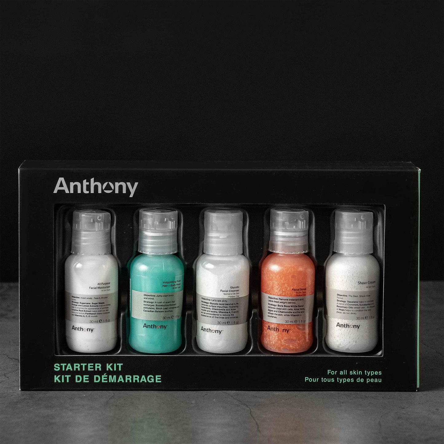 Anthony Starter Kit, 5 Count, Glycolic Facial Cleanser, Facial Scrub, All Purpose Facial Moisturizer, Invigorating Rush Hair & Body Wash, Shave Cream