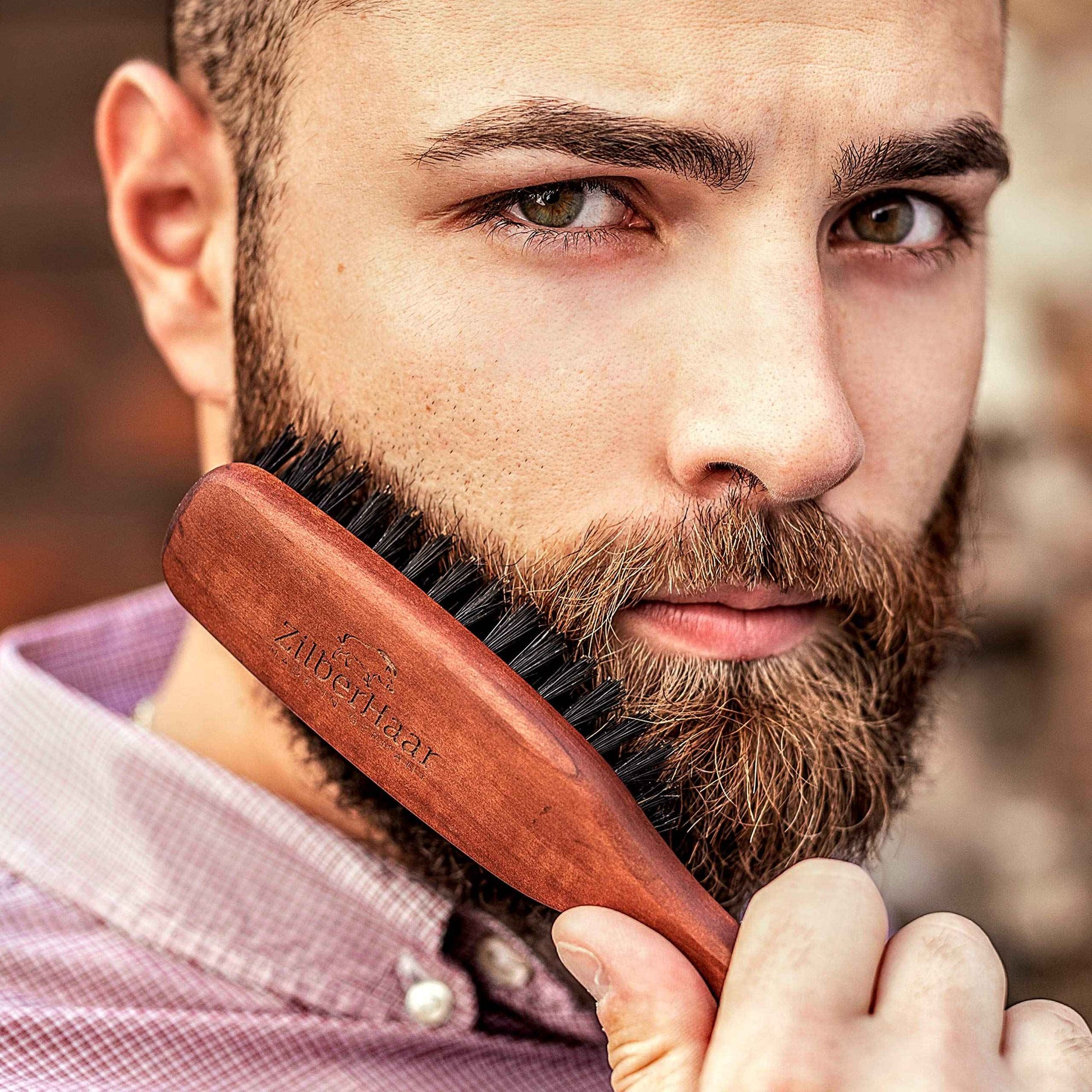 ZilberHaar Long Hair & Beard Brush - Made From Stiff First Cut Boar Bristles And Pearwood - Perfect Beard Care for Men - Works with all Beard Balms and Oils - 8.5 inches long