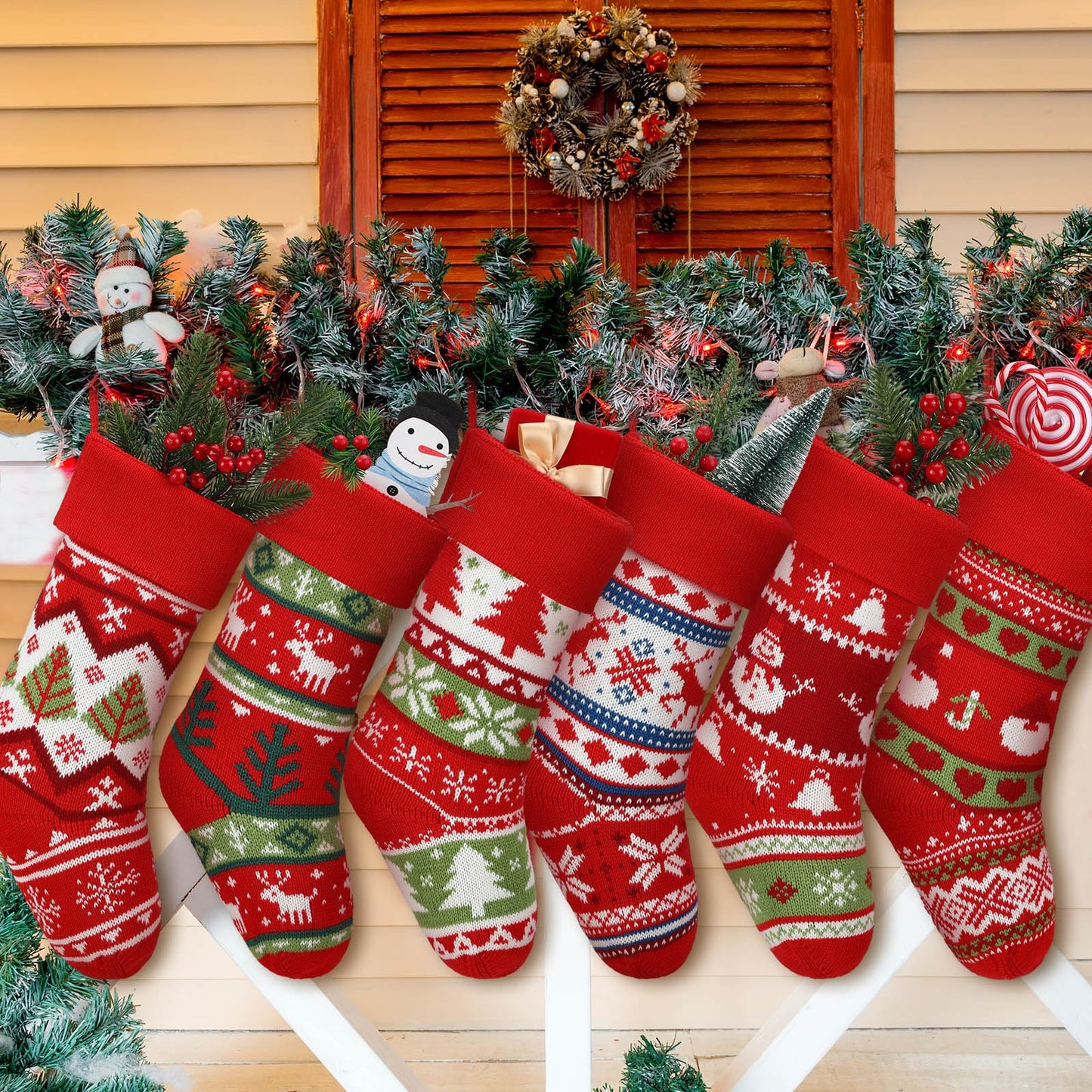 Liitrsh 6 Pack 14 Inch Christmas Stockings Bulk Knit Large Stockings Christmas Knitted Rustic Holiday Tree Reindeer Snowflake Snowman Family Stockings Hanging Ornaments for Christmas Candy Gift Decor