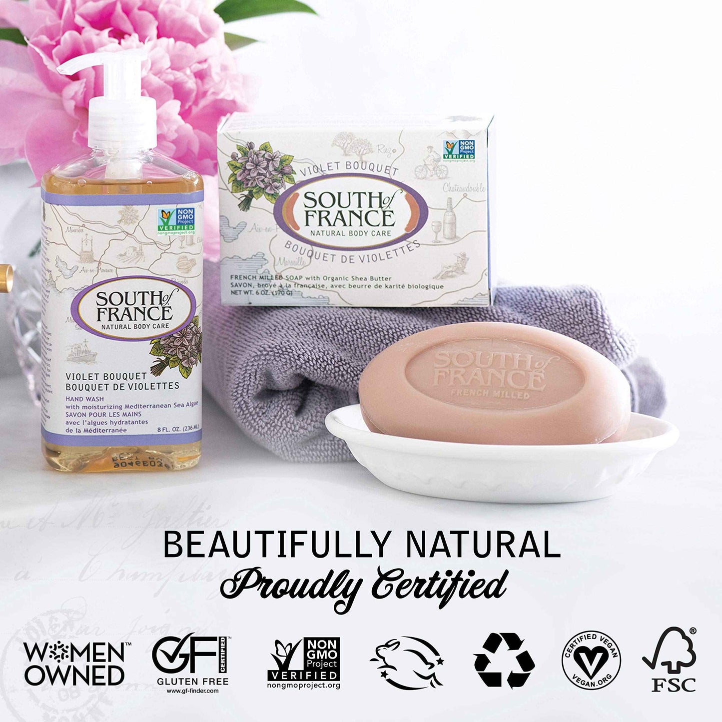 Violet Bouquet Clean Bar Soap by South of France Clean Body Care Triple-Milled French Soap with Organic Shea Butter + Essential Oils Vegan, Non-GMO Body Soap 6 oz Bar 4 Pack