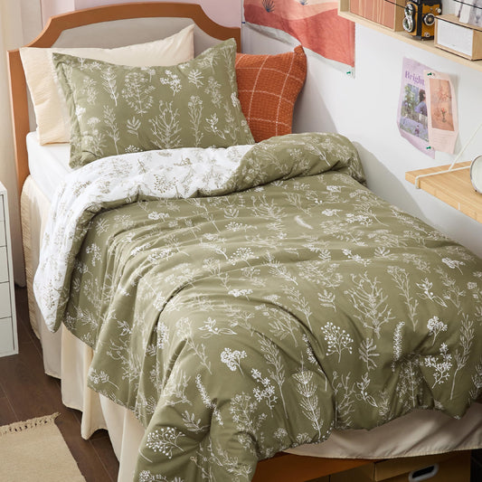 Bedsure Comforter Set - Olive Green Floral Bedding with Reversible Botanical Flowers Design, Includes 1 Comforter and 1 Pillow Sham