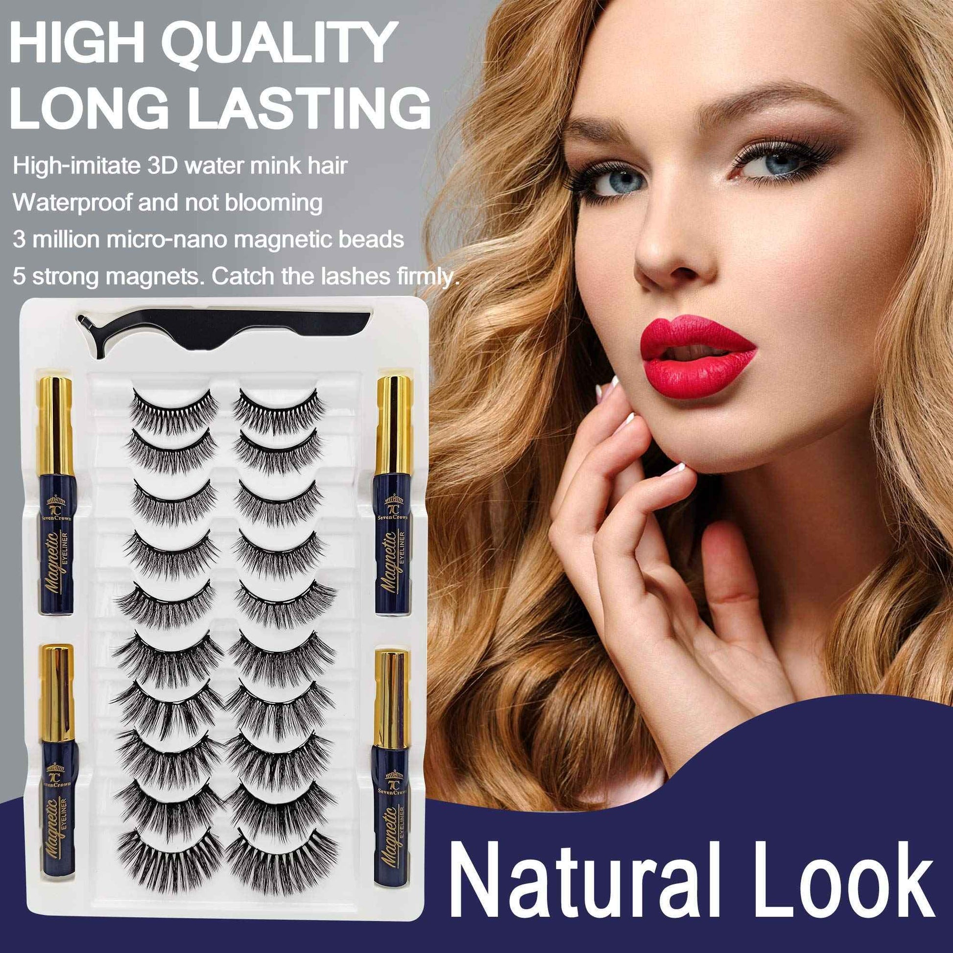 SevenCrown Magnetic Lashes Natural Looking Kit - 10 Pairs Reusable Magnetic Eyelash Kit with Applicator, Easy to Apply