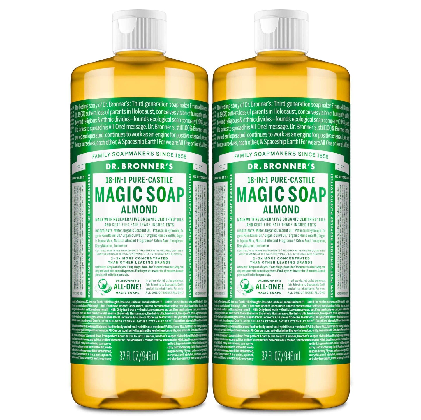 Dr. Bronner's Pure-Castile Magic Liquid Soap (Almond, 32 Ounce, 2-Pack)- Made with Regenerative Organic Certified Oils, 18-in1 Uses: Face, Hair, Hand & Body Soap, Laundry, Pets- Concentrated, Vegan