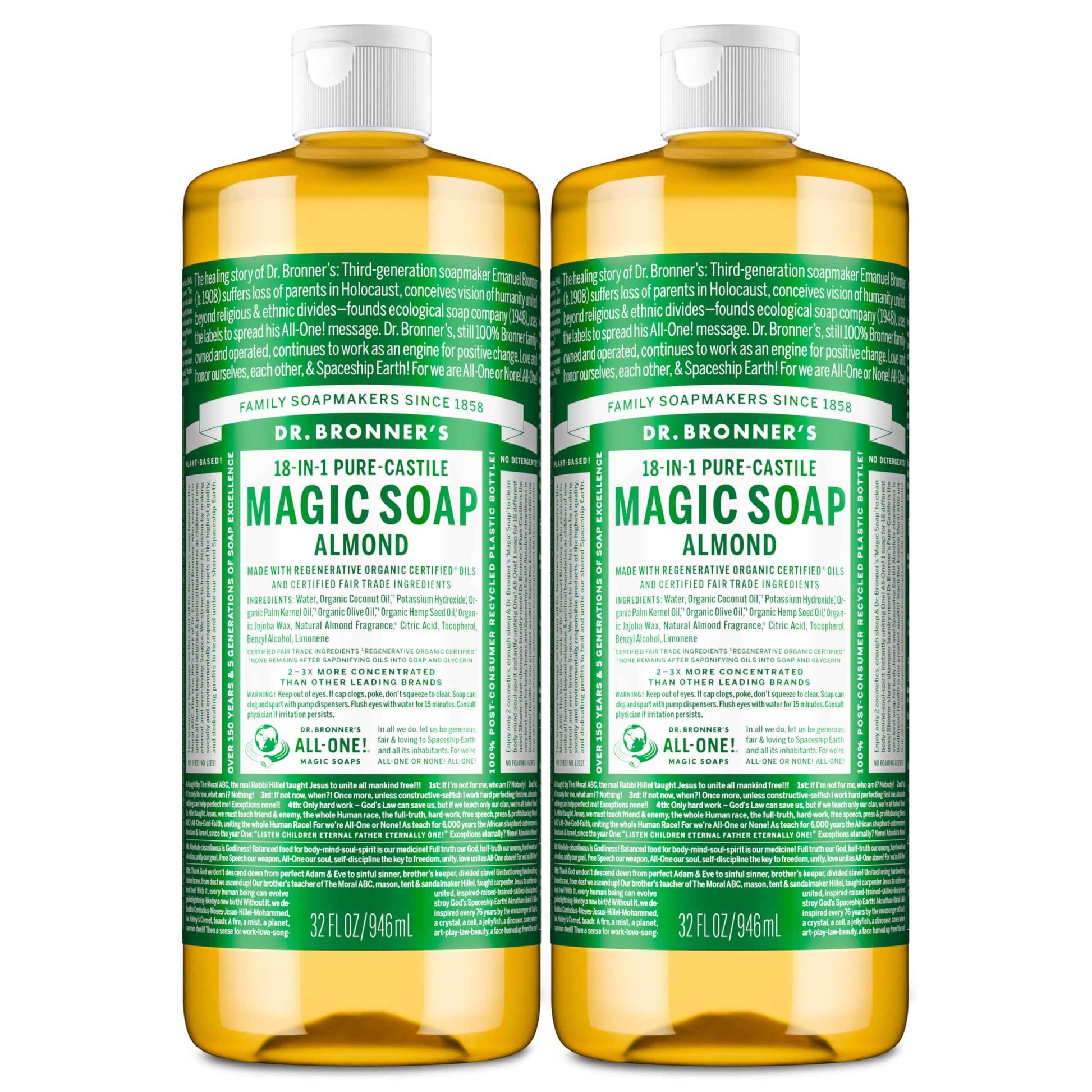 Dr. Bronner's Pure-Castile Magic Liquid Soap (Almond, 32 Ounce, 2-Pack)- Made with Regenerative Organic Certified Oils, 18-in1 Uses: Face, Hair, Hand & Body Soap, Laundry, Pets- Concentrated, Vegan