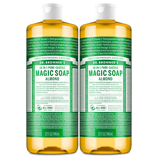 Dr. Bronner's Pure-Castile Magic Liquid Soap (Almond, 32 Ounce, 2-Pack)- Made with Regenerative Organic Certified Oils, 18-in1 Uses: Face, Hair, Hand & Body Soap, Laundry, Pets- Concentrated, Vegan