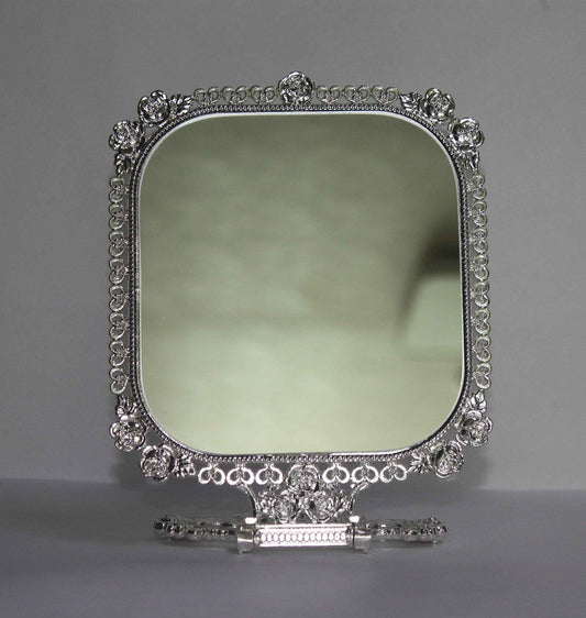 SEHAMANO Vintage Foldable Embossed Roses & Small Hearts Pattern Makeup Table Mirror, Decorative Square Shaped Mirror, Antique Vanity Cosmetic Double Sided Metal Frame Mirror (Shiny Silver)