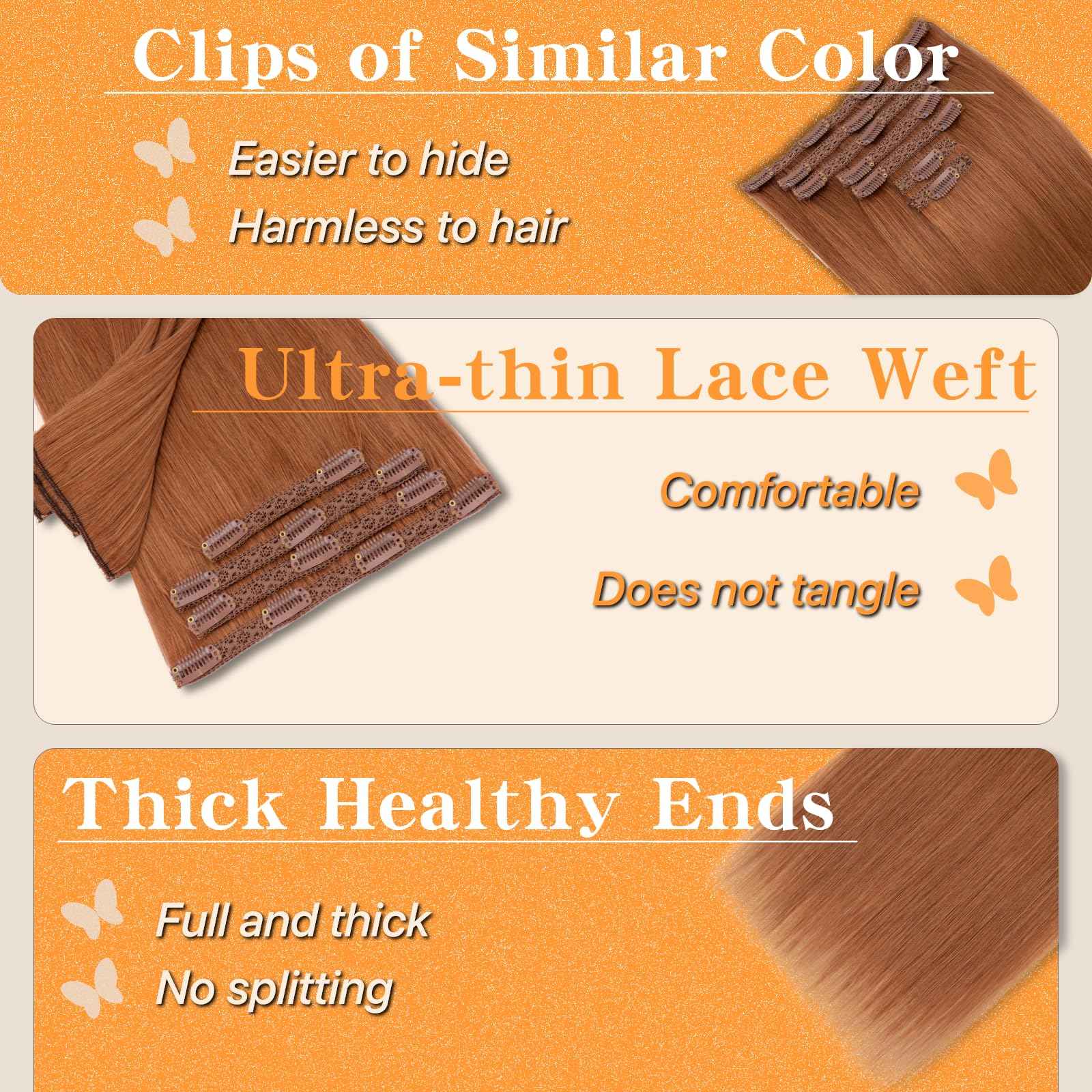 TESSHAIR Clip in Hair Extensions Long Straight, 100% Real Human Hair,No Tangle & Smooth,85g, 10 Inch,#33 Dark Auburn