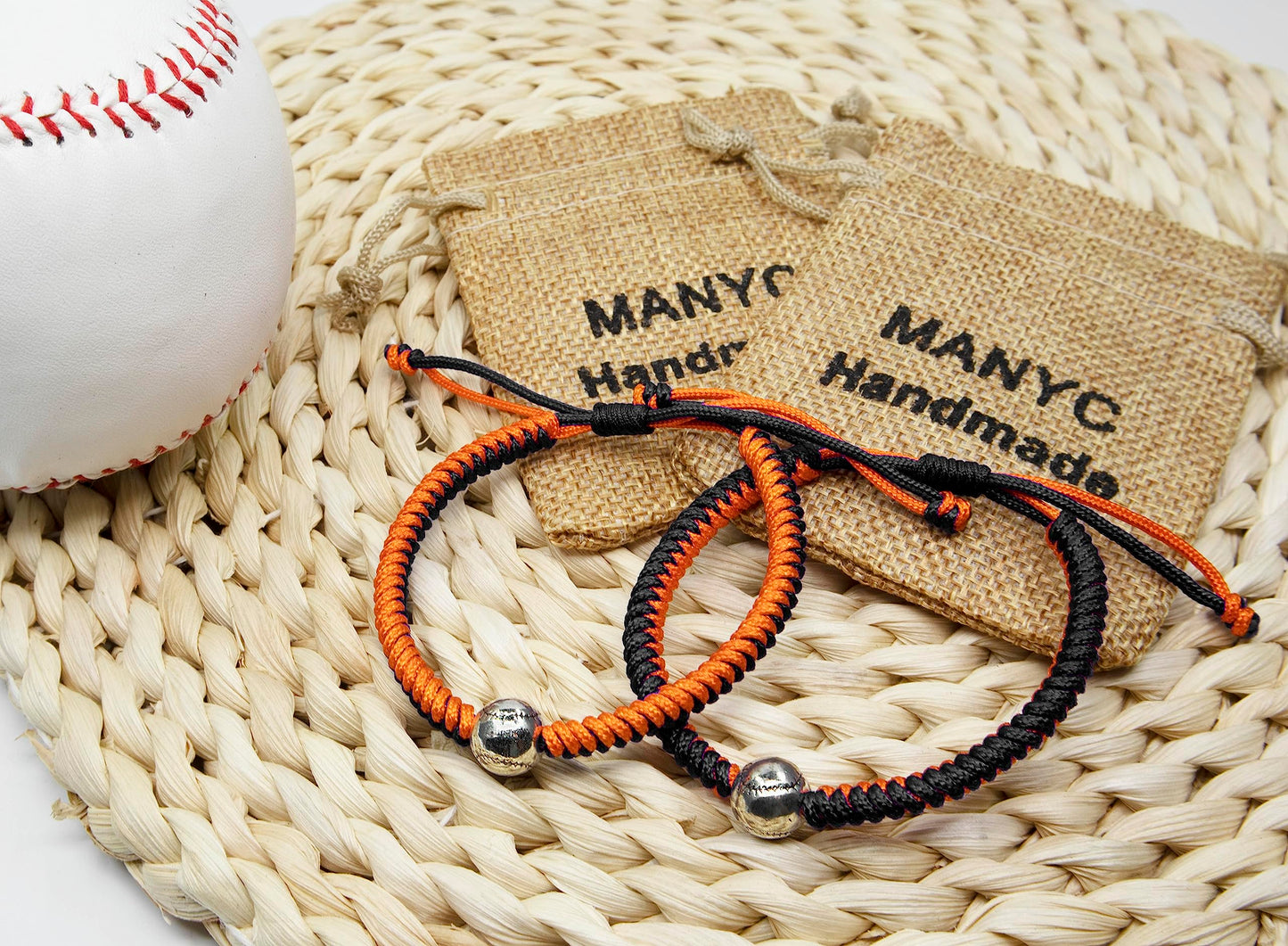 Handmade Braided Bracelets Baseball Gifts for Boys Adjustable Wristbands with Baseball Beads, Inspirational Baseball Bracelets for Girls Teens Adults (Black Orange 2PCS)