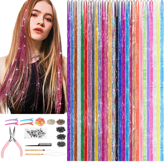 Hair Tinsel Kit (48 Inch,28 Colors,7000 strands), Glitter Tinsel Hair Extensions with Tools, Fairy Hair Tinsel Kit Heat Resistant for Girls Women Hair Accessories