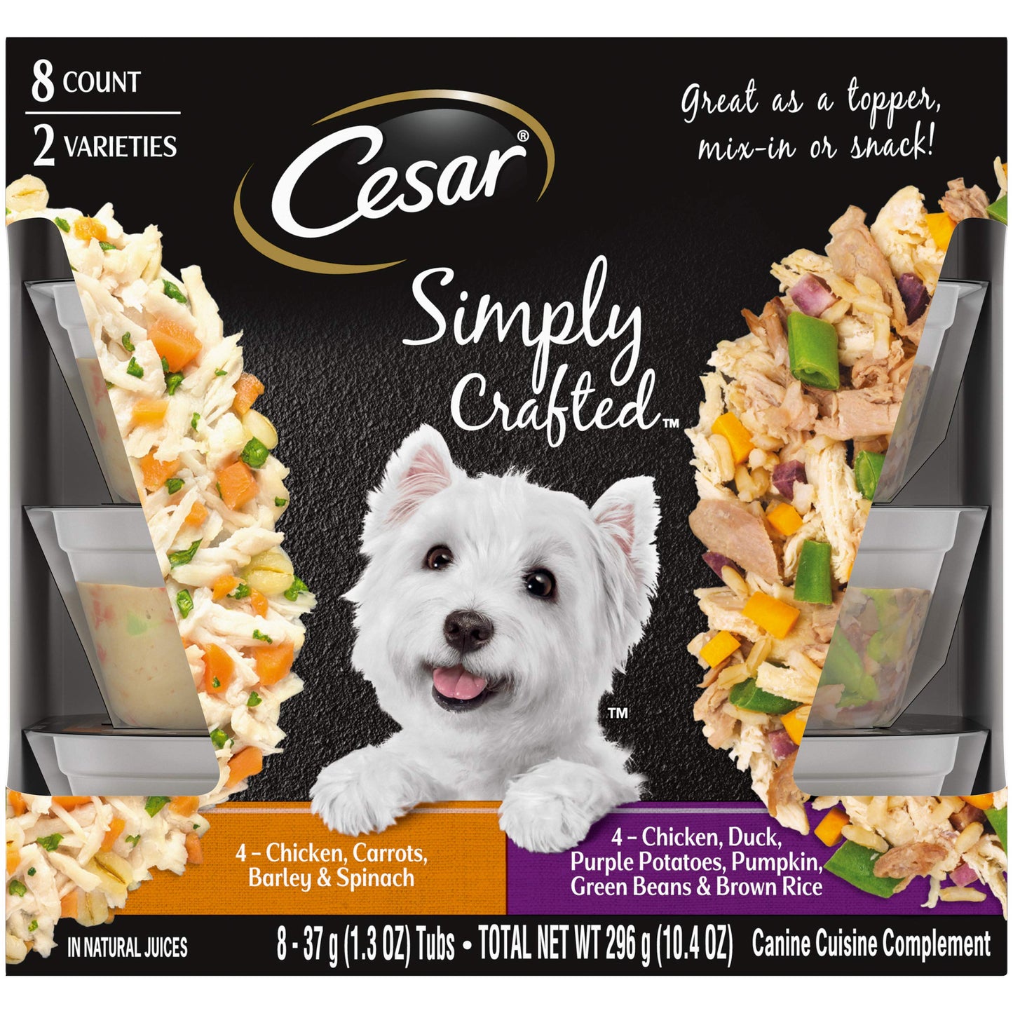 CESAR Simply Crafted Adult Soft Wet Dog Food Meal Topper, Chicken, Duck, Purple Potatoes, Pumpkin, Green Beans & Brown Rice and Chicken, Carrots, Barley & Spinach Variety Pack, 1.3oz., Pack of 8