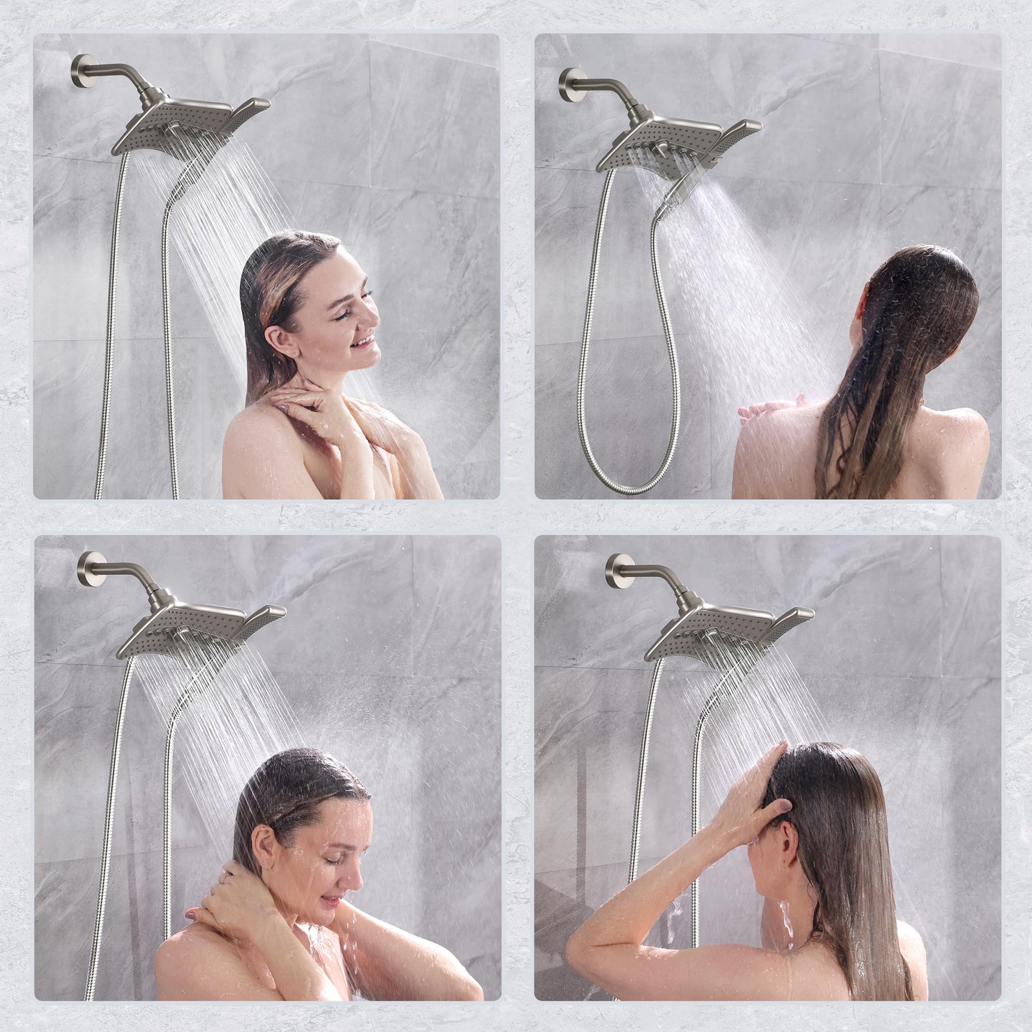 BRIGHT SHOWERS Shower Head Combo with Two Spray Setting , Fixed Shower Head and Handheld with Grey Face, Brushed Nickel