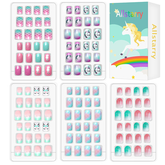 Allstarry 120pcs 5 pack Children Nails Press on Pre-glue Full Cover Glitter Gradient Color Rainbow Short False Nail Kits Lovely Gift for Children Little Girls Nail Art Decoration -Seahorse Series