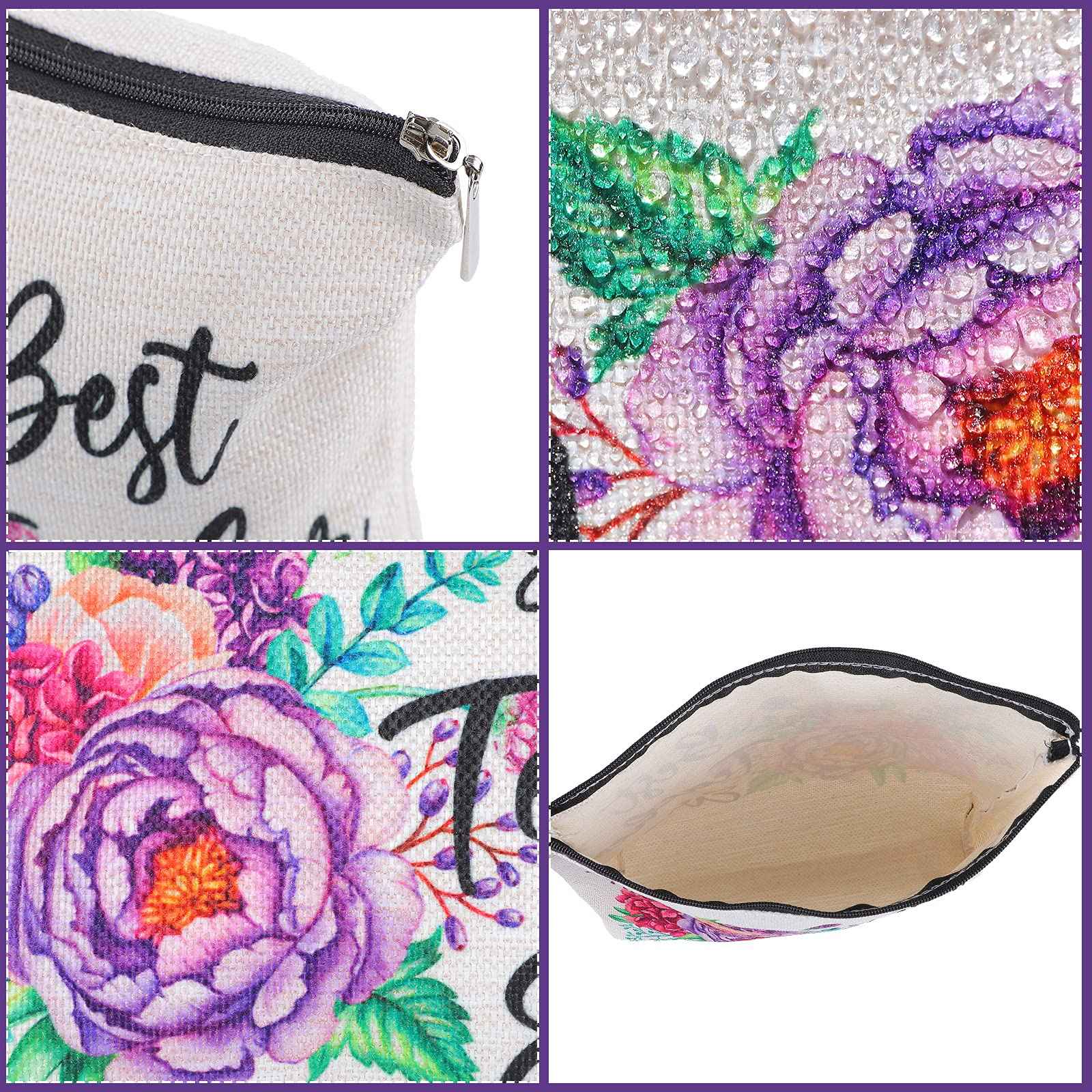 Frienda 6 Pack Christmas Teacher Appreciation Gifts for Women Bulk Xmas Teacher Gifts 3 Pcs Zipper Cosmetic Bags Canvas Makeup Pouch 3 Pcs Thank You Keychains Xmas Birthday Present(Flower Style)