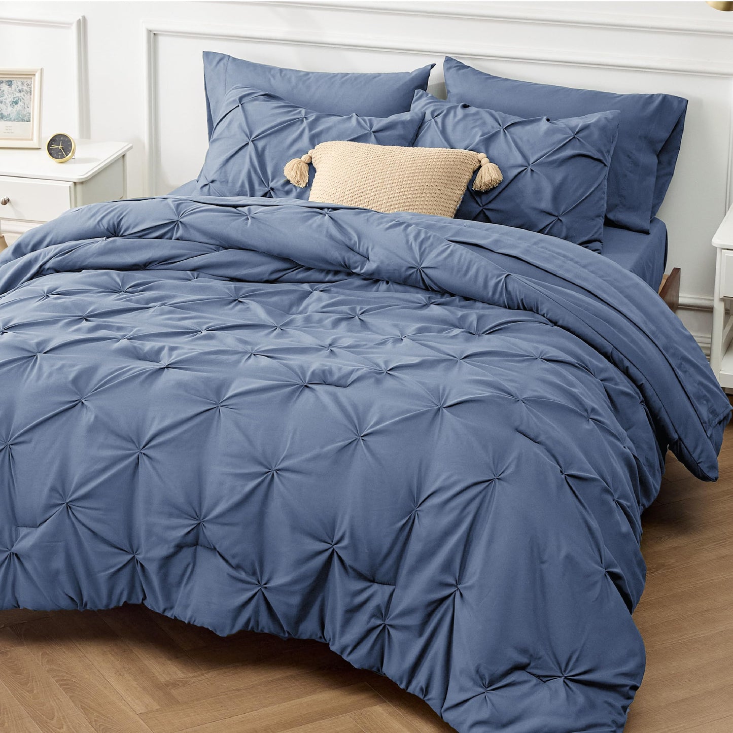 Bedsure Twin Comforter Set with Sheets - 5 Pieces Twin Bedding Sets, Pinch Pleat Slate Blue Twin Bed in a Bag with Comforter, Sheets, Pillowcase & Sham