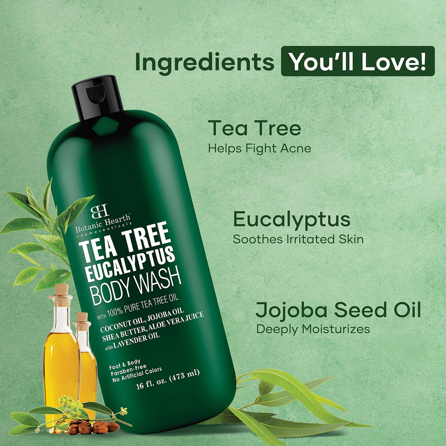 Botanic Hearth Eucalyptus Tea Tree Body Wash, Helps with Nails, Athletes Foot, Ringworms, Jock Itch, Acne, Eczema & Body Odor, Soothes Itching & Promotes Healthy Skin and Feet, 16 fl oz