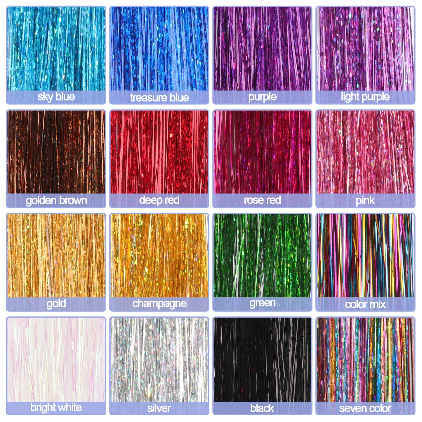 16 Colors Hair Tinsel Kit, 48 Inches 3300 Strands Tinsel Hair Extensions, Fairy Hair Tinsel for Christmas Halloween Cosplay Party, Highlights Sparkling Glitter Hair