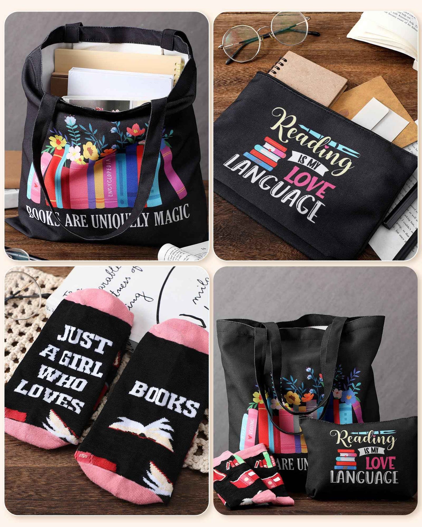 Huhumy 3 Pcs Book Lover Gifts for Women Library Tote Bag Novelty Book Socks Cosmetic Bag Christmas Bookish Gifts for Reading Lovers Librarian Colleagues Teachers Friends Bookworms Authors