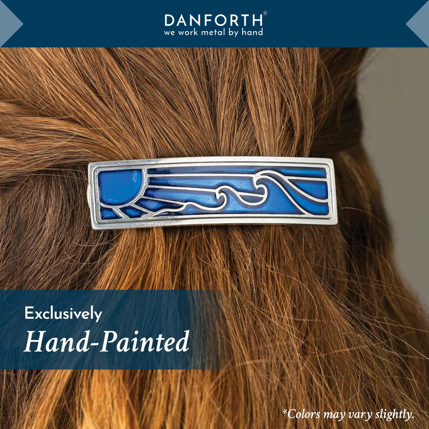 DANFORTH - ‘Wavesong’ Medium Barrette, Handcrafted Pewter Hair Barrettes For Women, Blue Woodblock Design, Measures 3" Long, 3/4" Tall, French Clasp, Made In USA
