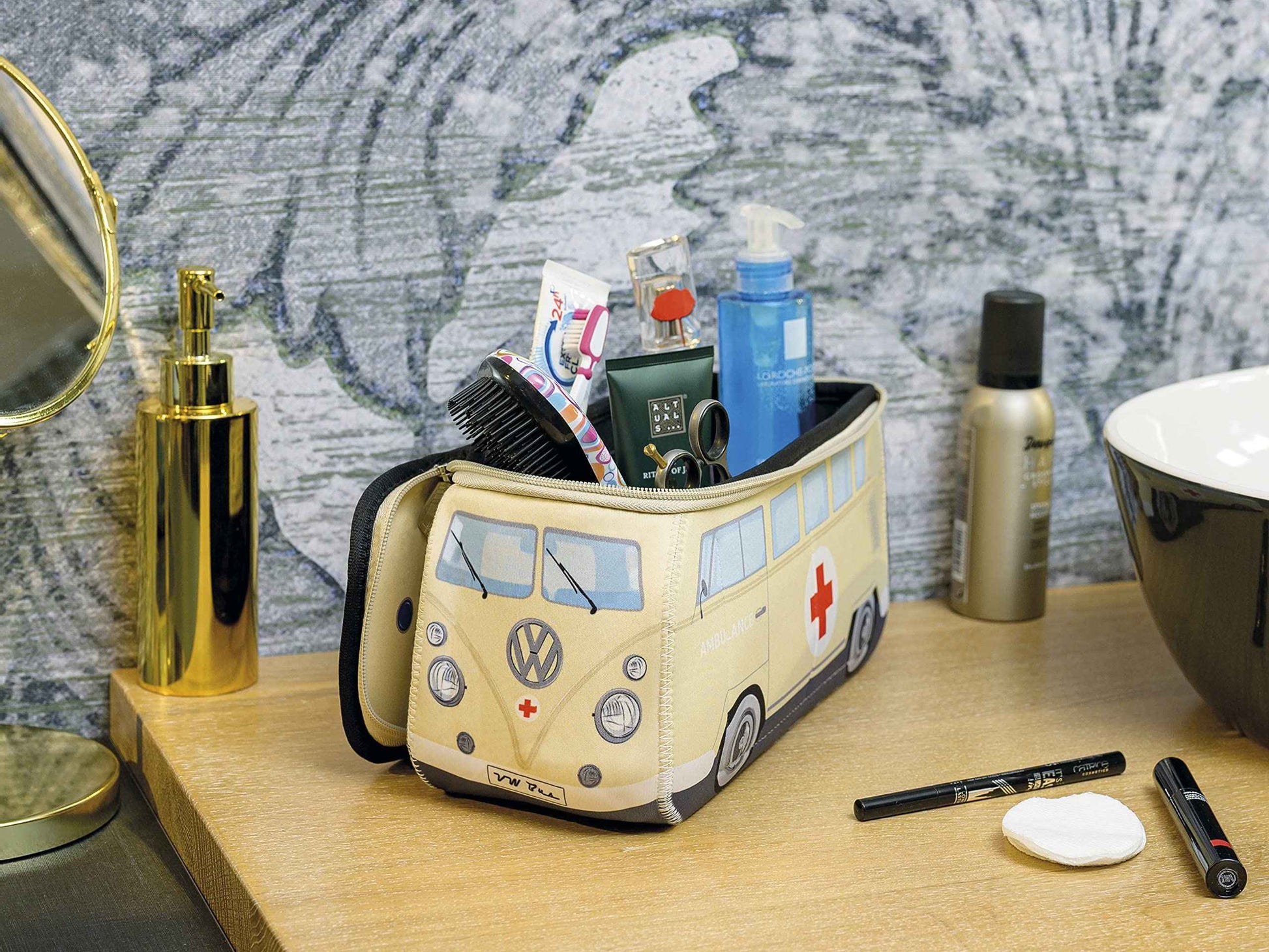 BRISA VW Collection - Volkswagen Neoprene Universal Makeup Cosmetics Toiletry Travel Pharmacy Bag in T1 Bus Design (Ambulance/Beige) (Large (11.8 x 5.5 x 4.7 inches))