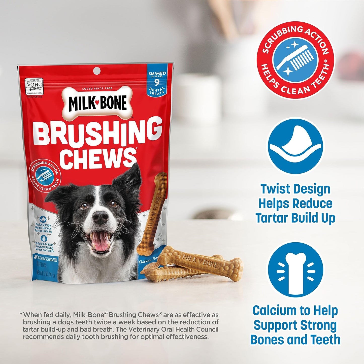 Milk-Bone Original Brushing Chews, Small/ Medium Daily Dental Dog Treats, 9 Count (Pack of 5) Scrubbing Action Helps Clean Teeth