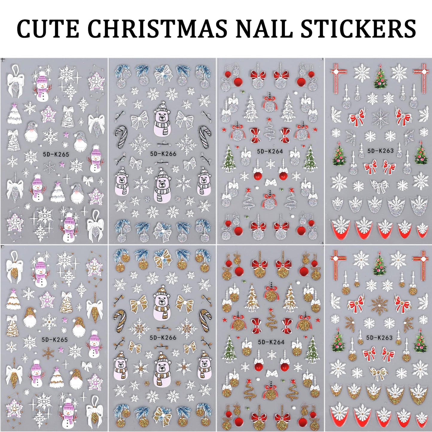 8 Sheet Christmas Nail Stickers for Nail Art 3D Snowflake Nail Art Stickers Self-Adhesive Xmas Nail Supplies Laser Gold Snowmen Elk Bell Nail Art Designs Holiday Nail Decals for Women Nail Decoration