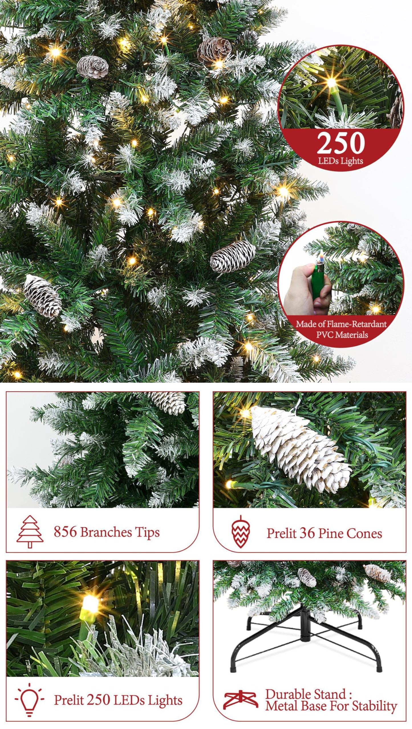 6 Ft Prelit Slim Fraser Fir Artificial Christmas Tree with UL 250 Warm White&Colorful Lights Timer 8 Mode,856 Lifelike PVC Branch Tips,36 Pinecone,Metal Stand &Hinged Branches,Skinny Pencil Xmas Tree