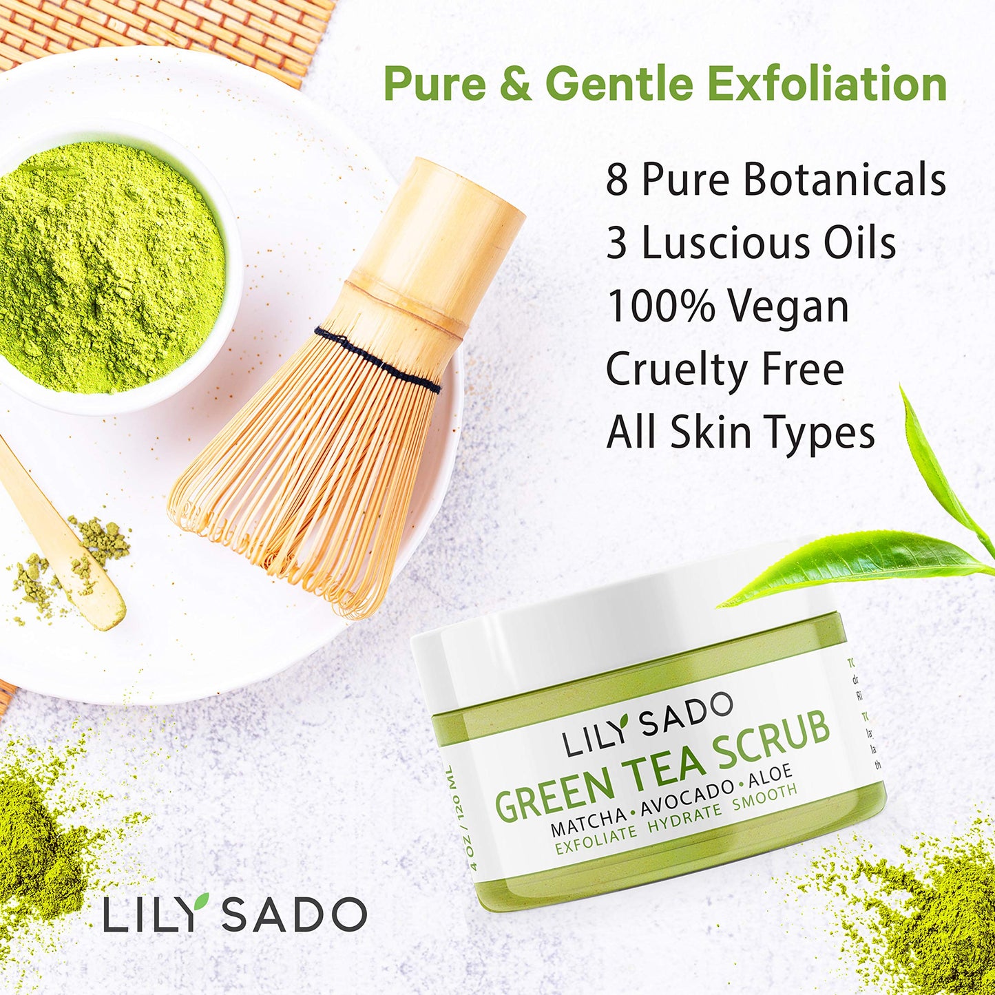 LILY SADO Matcha Made in Heaven Sugar Facial Scrub - Best Daily Facial Exfoliating Cleanser for Women & Men - Vegan Face Wash Exfoliates Skin, Treats Acne, Reduces Pore Size - 4 oz