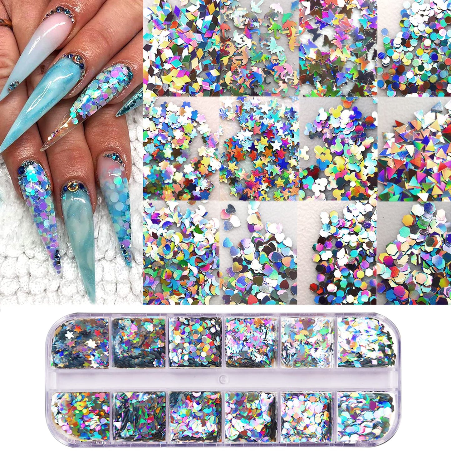 Nail Glitter Sequins Set, Laser Butterfly Star Chunky Glitter Flakes Nail Sequin Acrylic Paillettes, Holographic Nail Polish Sparkle Nail Glitters for Acrylic Nails Makeup Resin Mold (4 Styles)