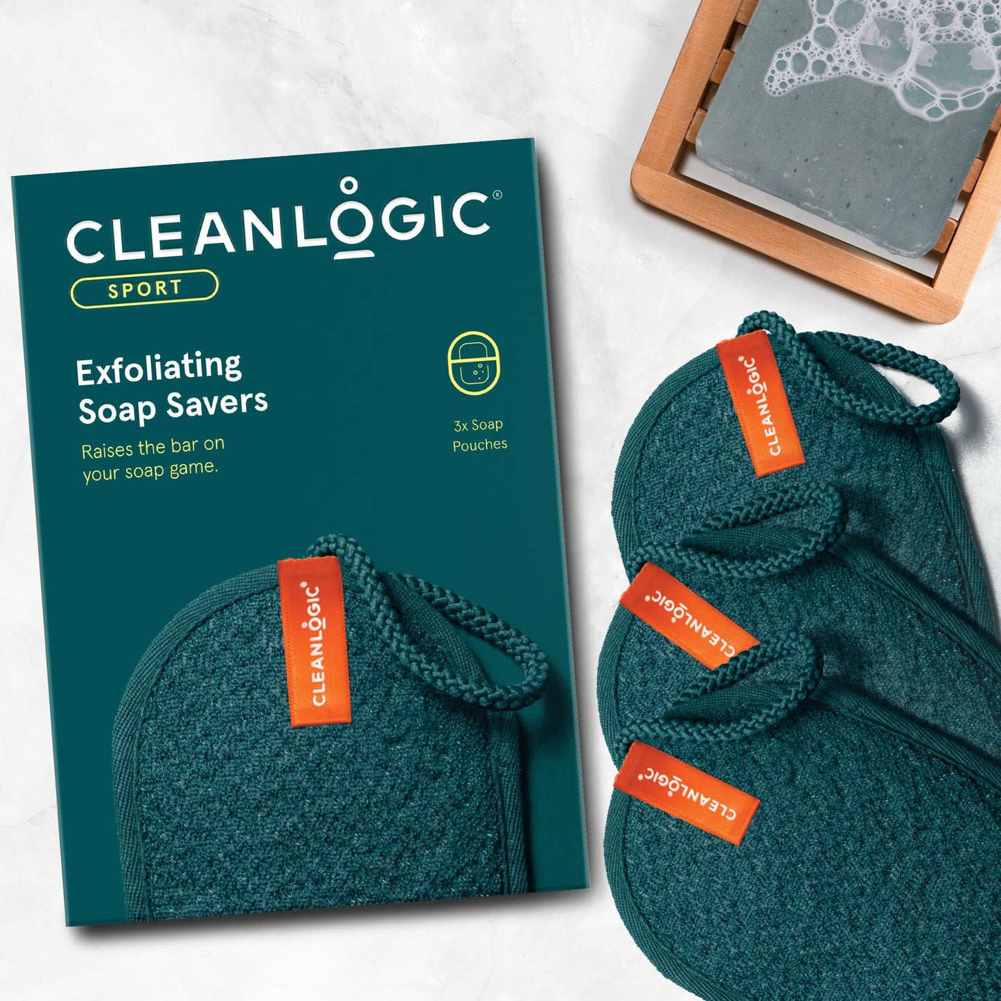 Cleanlogic Men Exfoliating Soap Saver, Sport Exfoliator Scrubber Pouch, Ideal for Post-Workout Cleanse, Daily Skincare Tool for Smooth Clean Skin, 3 Count Value Pack