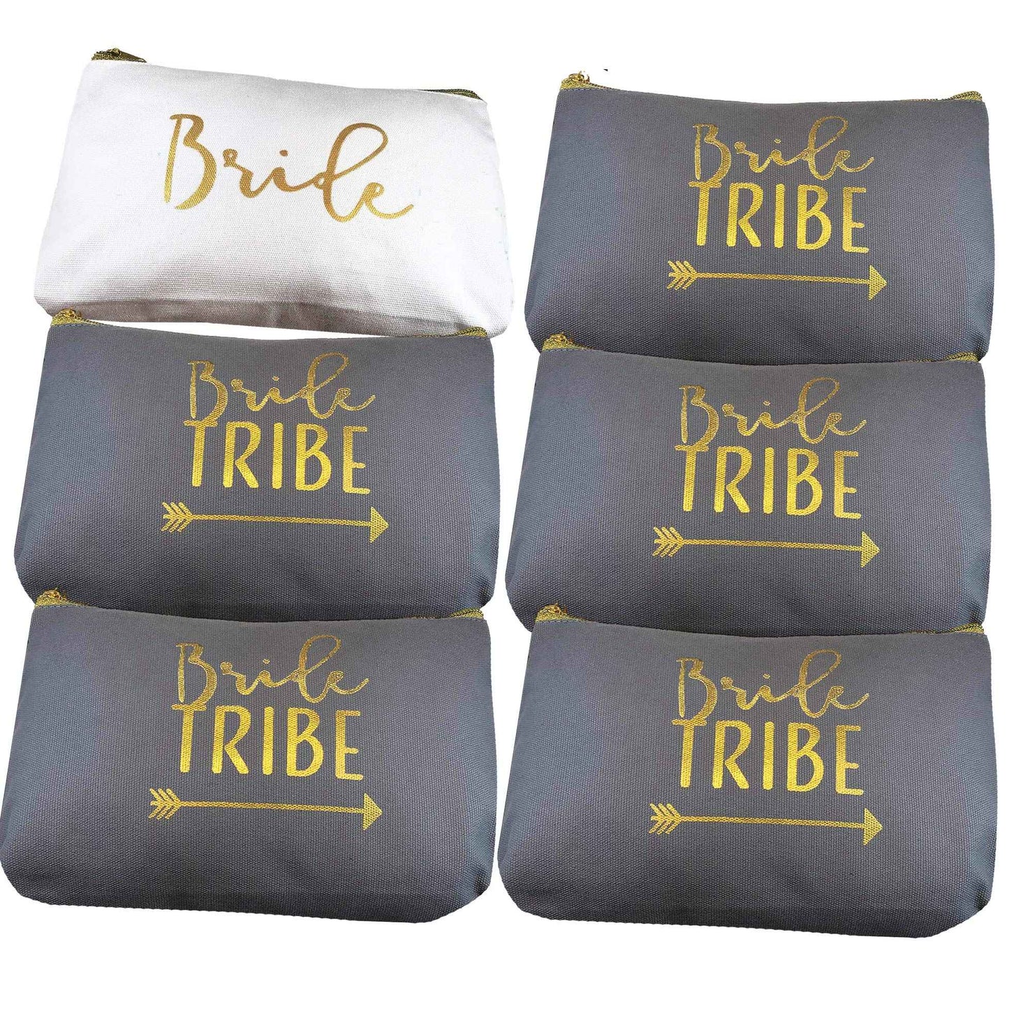 Heather & Willow 6 Piece Set | Bride Tribe Canvas Cosmetic Makeup Clutch Gifts Bag for Bridesmaid Proposal Box & Bridesmaids Bachelorette Party Favors (Grey)