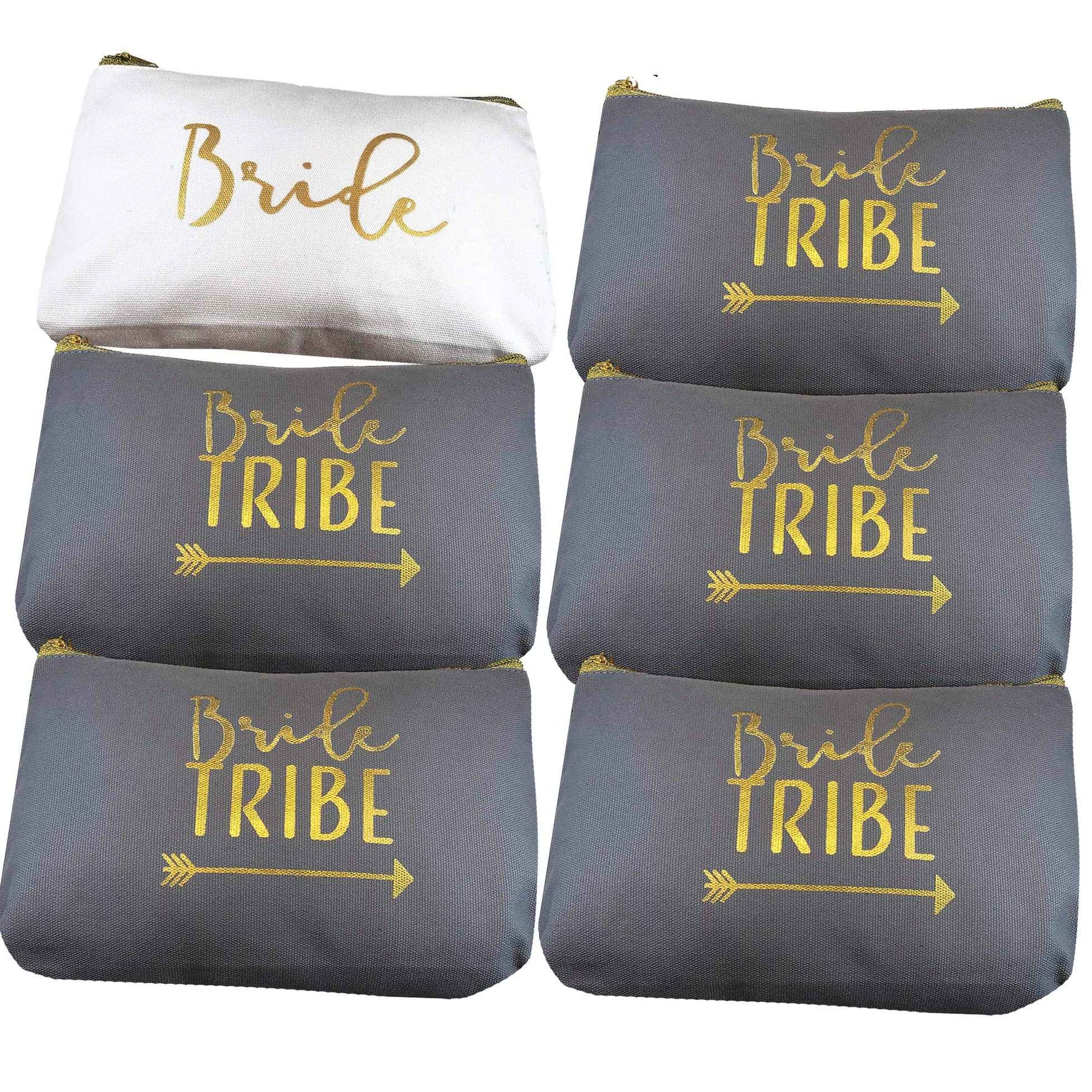 Heather & Willow 6 Piece Set | Bride Tribe Canvas Cosmetic Makeup Clutch Gifts Bag for Bridesmaid Proposal Box & Bridesmaids Bachelorette Party Favors (Grey)