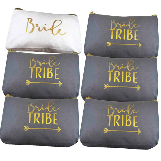 Heather & Willow 6 Piece Set | Bride Tribe Canvas Cosmetic Makeup Clutch Gifts Bag for Bridesmaid Proposal Box & Bridesmaids Bachelorette Party Favors (Grey)