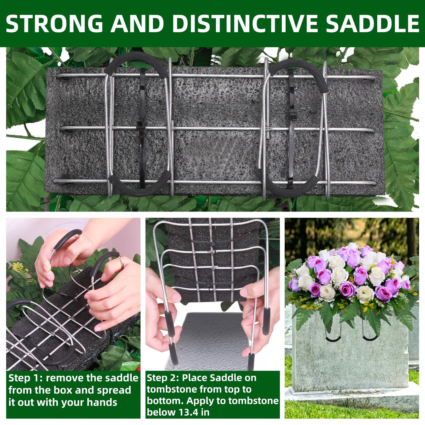 Lodou Artificial Cemetery Flower Saddles, Rose Headstone Flower Saddle Outdoor Grave Decorations,Cemetery Memorial Flowers with Vase for Grave Tombstone Decorations (Purple with white, Saddle)