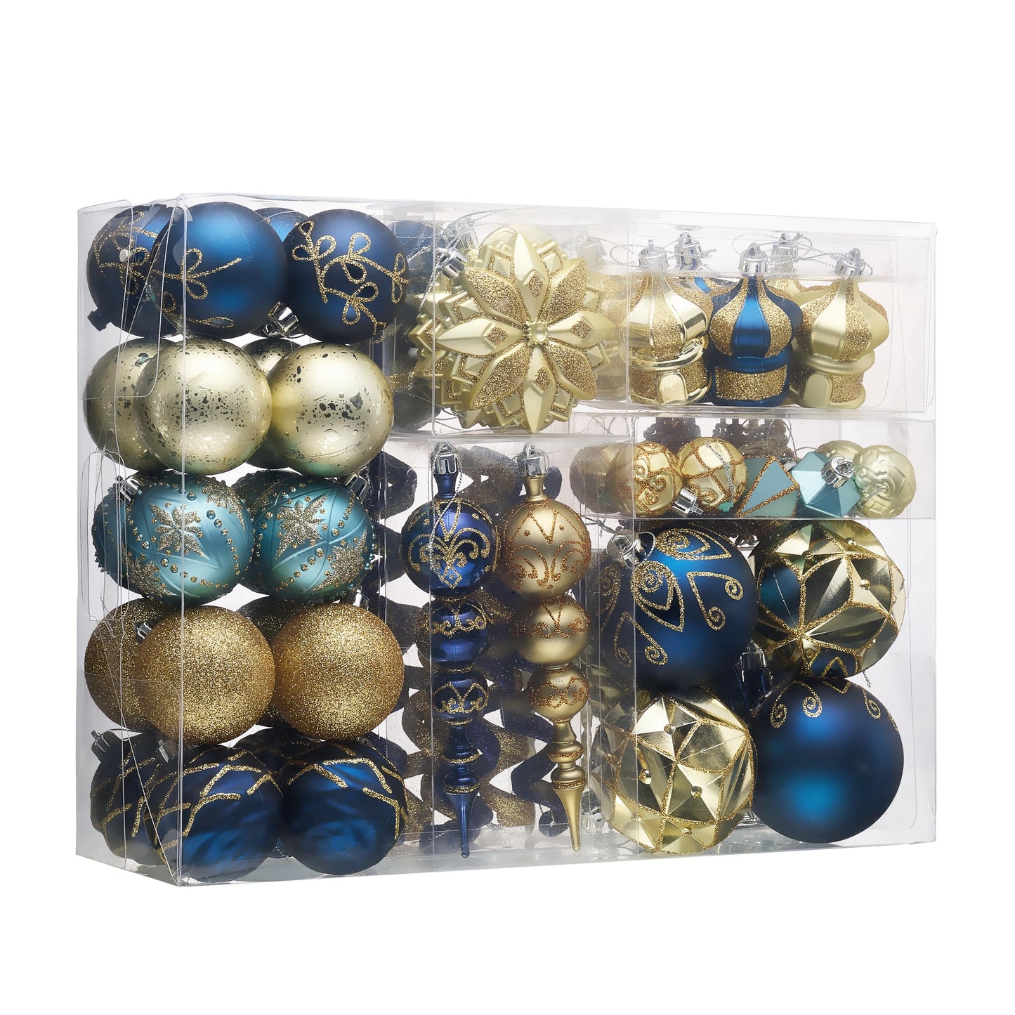 Valery Madelyn Christmas Tree Decorations Set, 108ct Blue and Gold Shatterproof Christmas Ball Ornaments Bulk, Peacock Hanging Ornaments for Christmas Trees Xmas Holiday Ramadan Decor