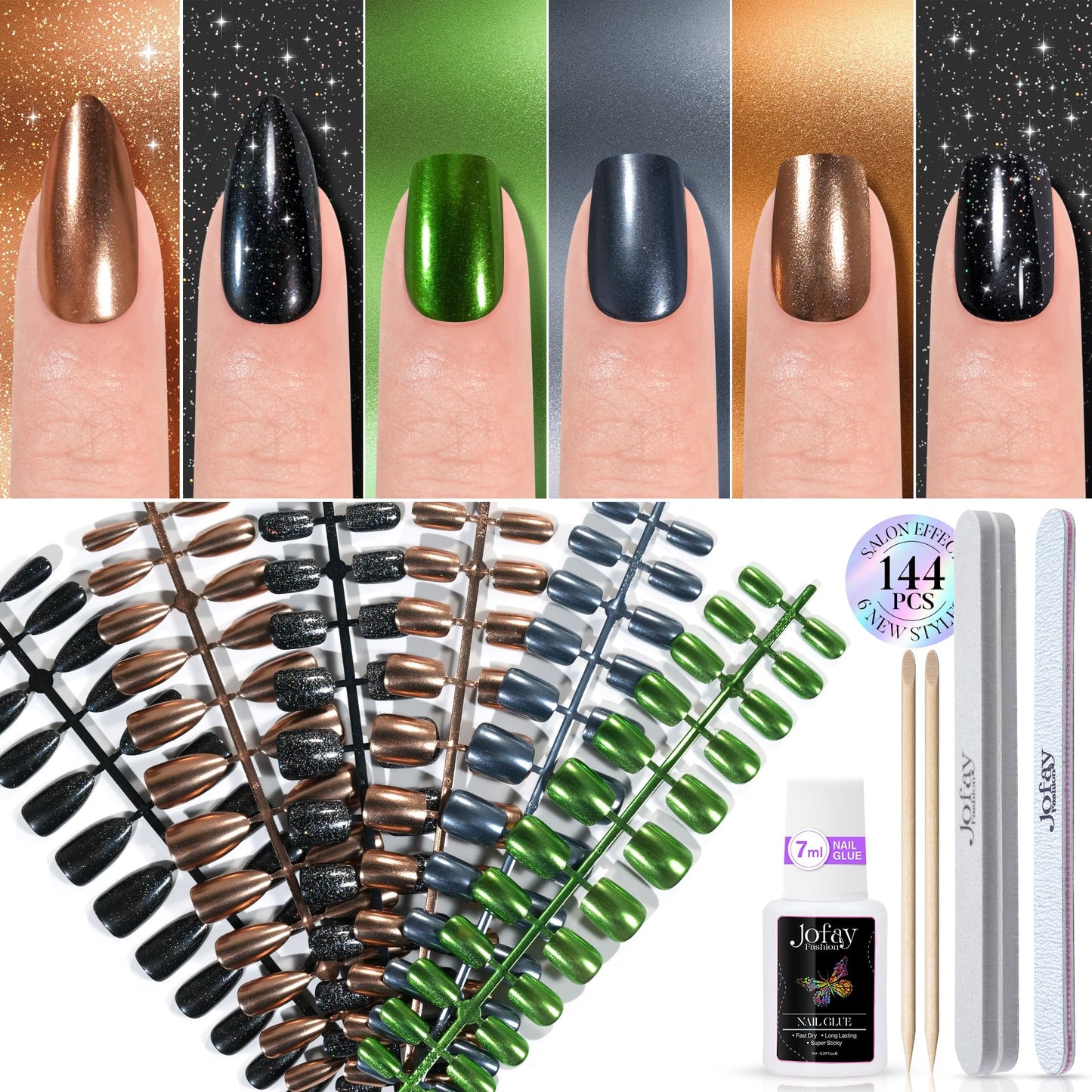 Chrome Press on Nails Short 6 Styles, Jofay Fashion 120Pcs Salon-Like Mirror Metal Stiletto Fake Nails with Glue, Glitter Artificial Acrylic False Nails for Party, Glue on Nails Press Ons in 12 Sizes