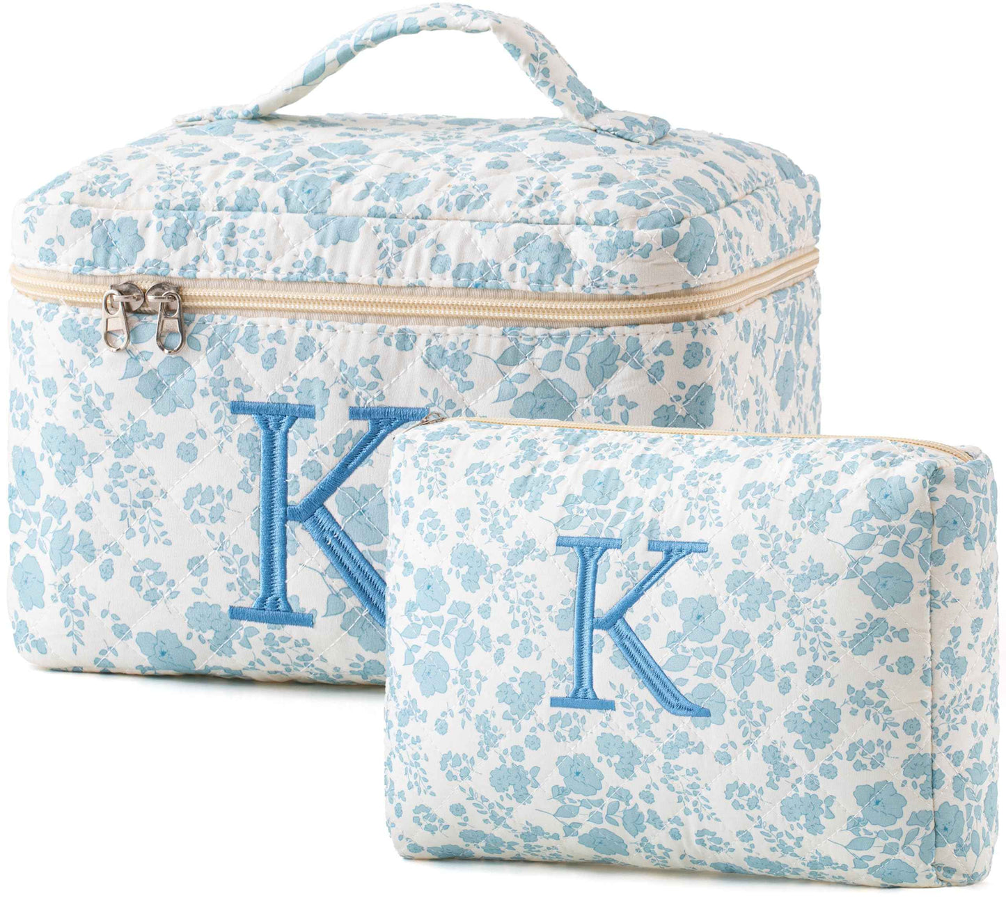 HBselect 2Pcs Initial Quilted Cotton Large Travel Cute Floral Coquette Makeup Cosmetic Toiletry Bag for Women Girls
