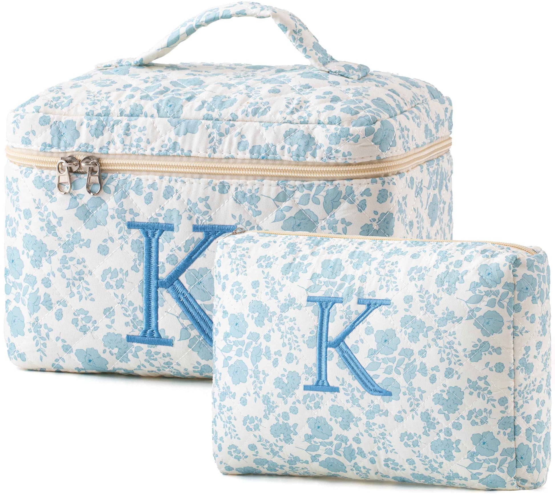 HBselect 2Pcs Initial Quilted Cotton Large Travel Cute Floral Coquette Makeup Cosmetic Toiletry Bag for Women Girls