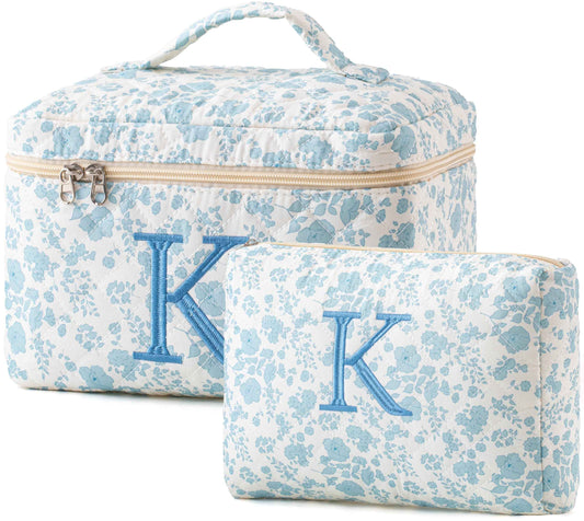 HBselect 2Pcs Initial Quilted Cotton Large Travel Cute Floral Coquette Makeup Cosmetic Toiletry Bag for Women Girls