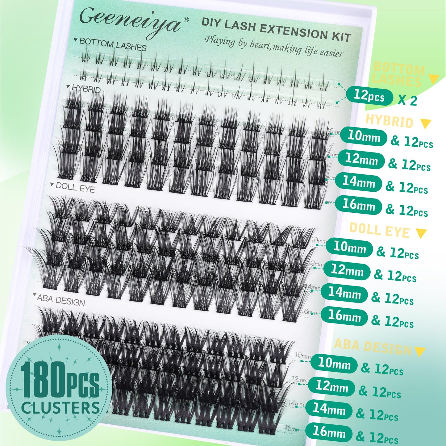 Geeneiya Natural Lash Clusters Kit C Curl DIY Lash Extension Kit 10-16mm Cluster Eyelash Extensions Kit with Waterproof Lash Bond and Seal, Tweezers, Bottom Clusters (0.05D,180Pcs, 4 Styles Mix)