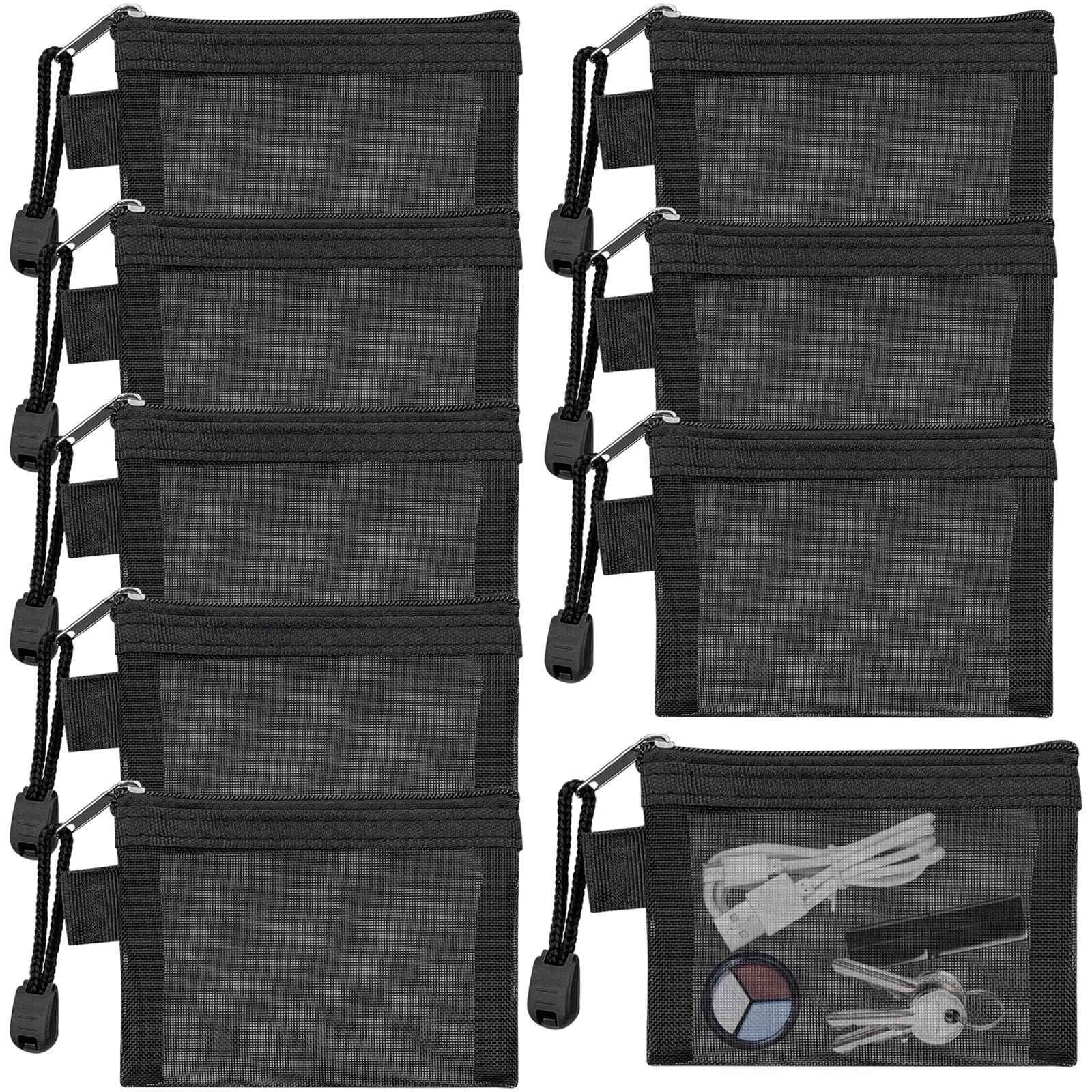 Aswewamt 9 Pcs Mini Zipper Mesh Bags, 4.3" x 3" Small Nylon Key Holder Cosmetic Pouch Portable Travel Makeup Cosmetic Mesh Zipper Bags for Purse Lipstick Earphone Keys Cards (Black)