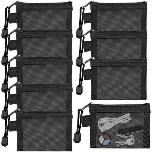Aswewamt 9 Pcs Mini Zipper Mesh Bags, 4.3" x 3" Small Nylon Key Holder Cosmetic Pouch Portable Travel Makeup Cosmetic Mesh Zipper Bags for Purse Lipstick Earphone Keys Cards (Black)