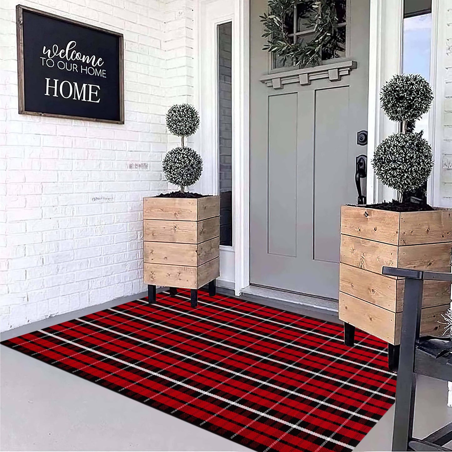 Christmas Checkered Outdoor Rugs 3' x 5'Red Black Buffalo Plaid Front Porch Rug Hand-Woven Machine Washable Indoor/Outdoor Layered Door Mats for Entryway/Bedroom/Outdoor