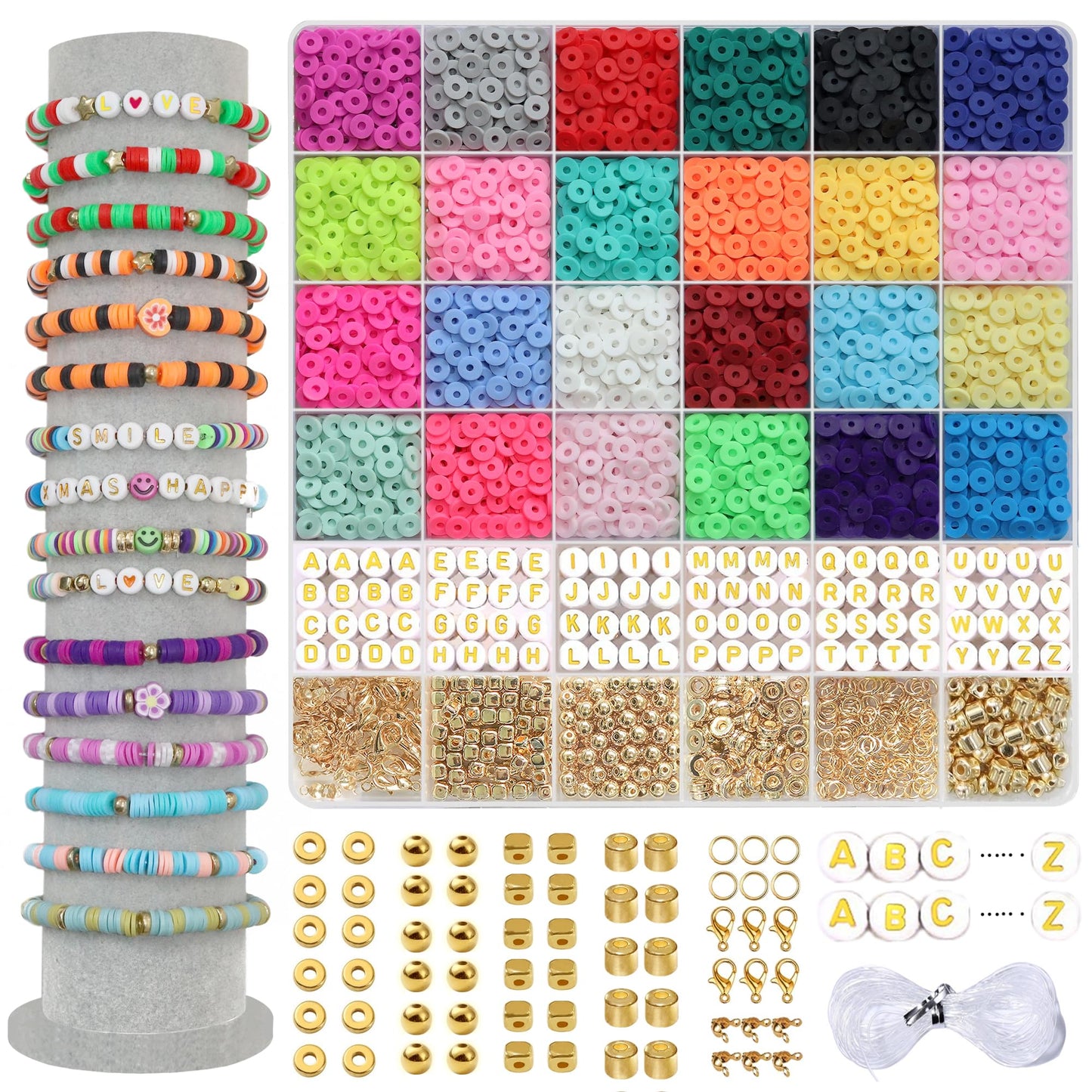 YMSDZHL 15000pcs Clay Beads for Bracelet Making Kit, 96 Colors Spacer Heishi Beads Flat Preppy Beads for Friendship Jewelry Making Polymer Alphabet Letter Beads with Pendant Charms Kits